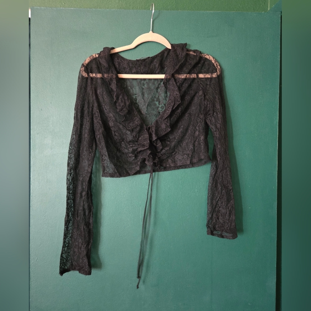 Bershka Black Lace Ruffle Blouse